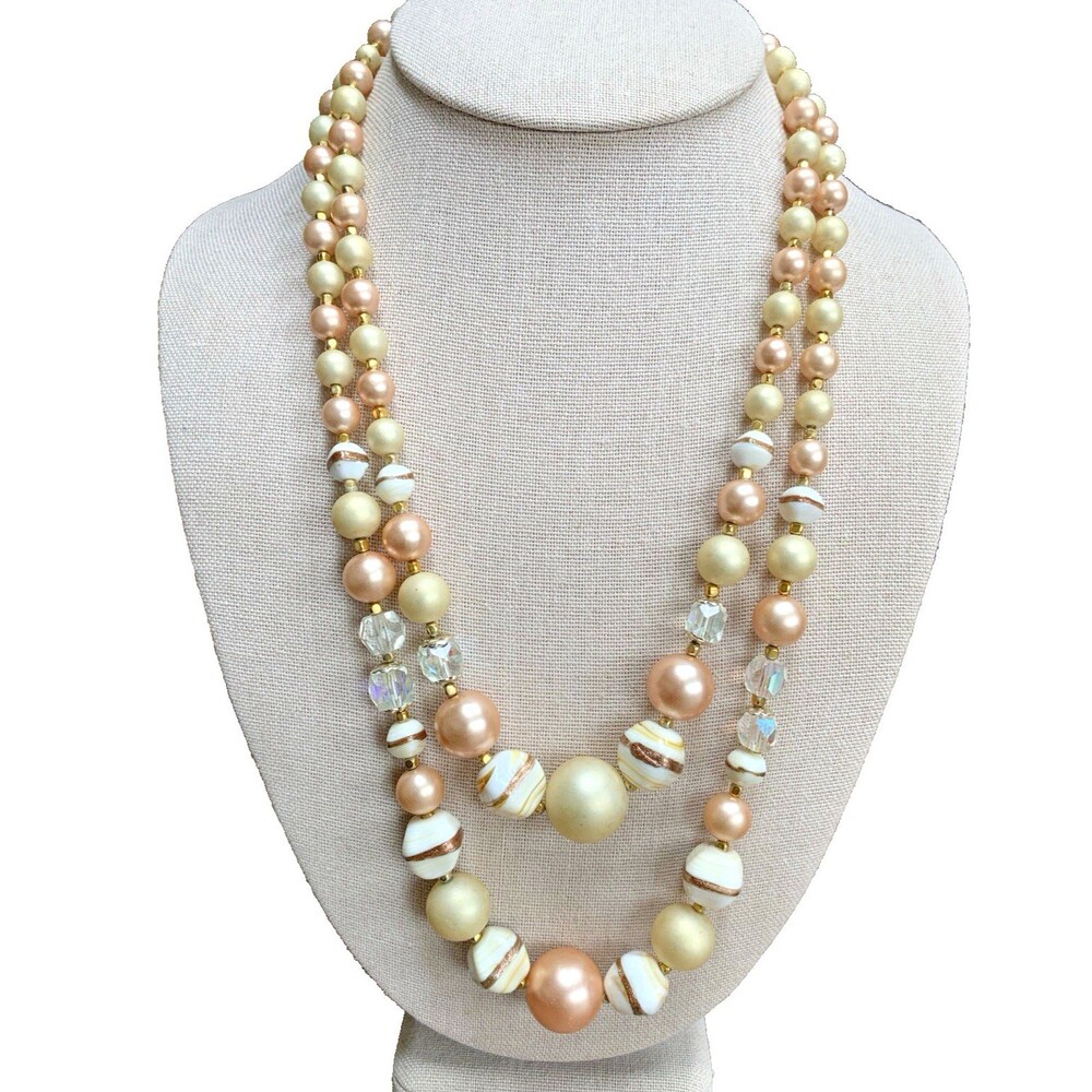 Vintage Japan Multi Strand Faux Pearl Acrylic Bead Necklace Gold Tone *READ*